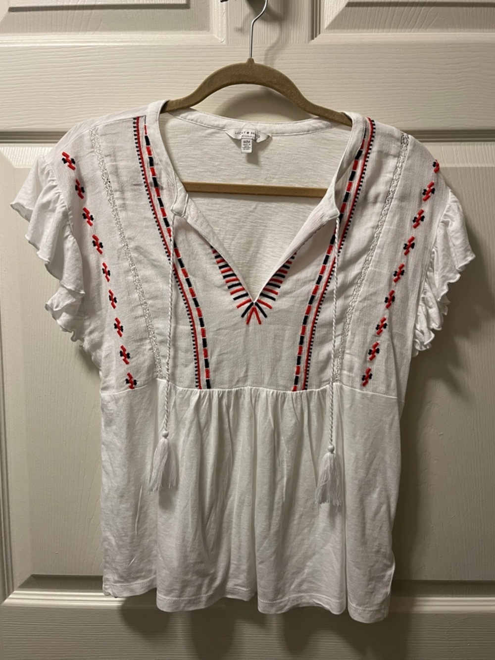 Lucky Brand Women’s White Embroidered Peasant Top w Red/Black Trim Size Medium